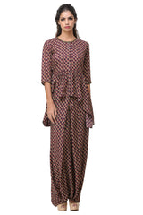Deep Purple Rose Printed Peplum Top And Low Crotch Pants