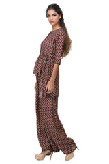 Deep Purple Rose Printed Peplum Top And Low Crotch Pants