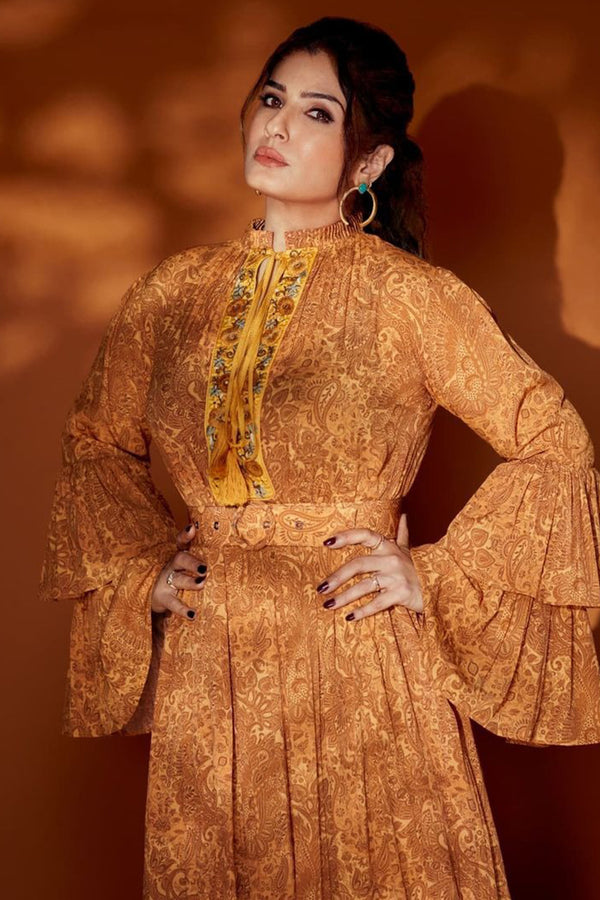 Raveena Tandon In Ochre Paisley Double Tired Dress with Embroidered Placket