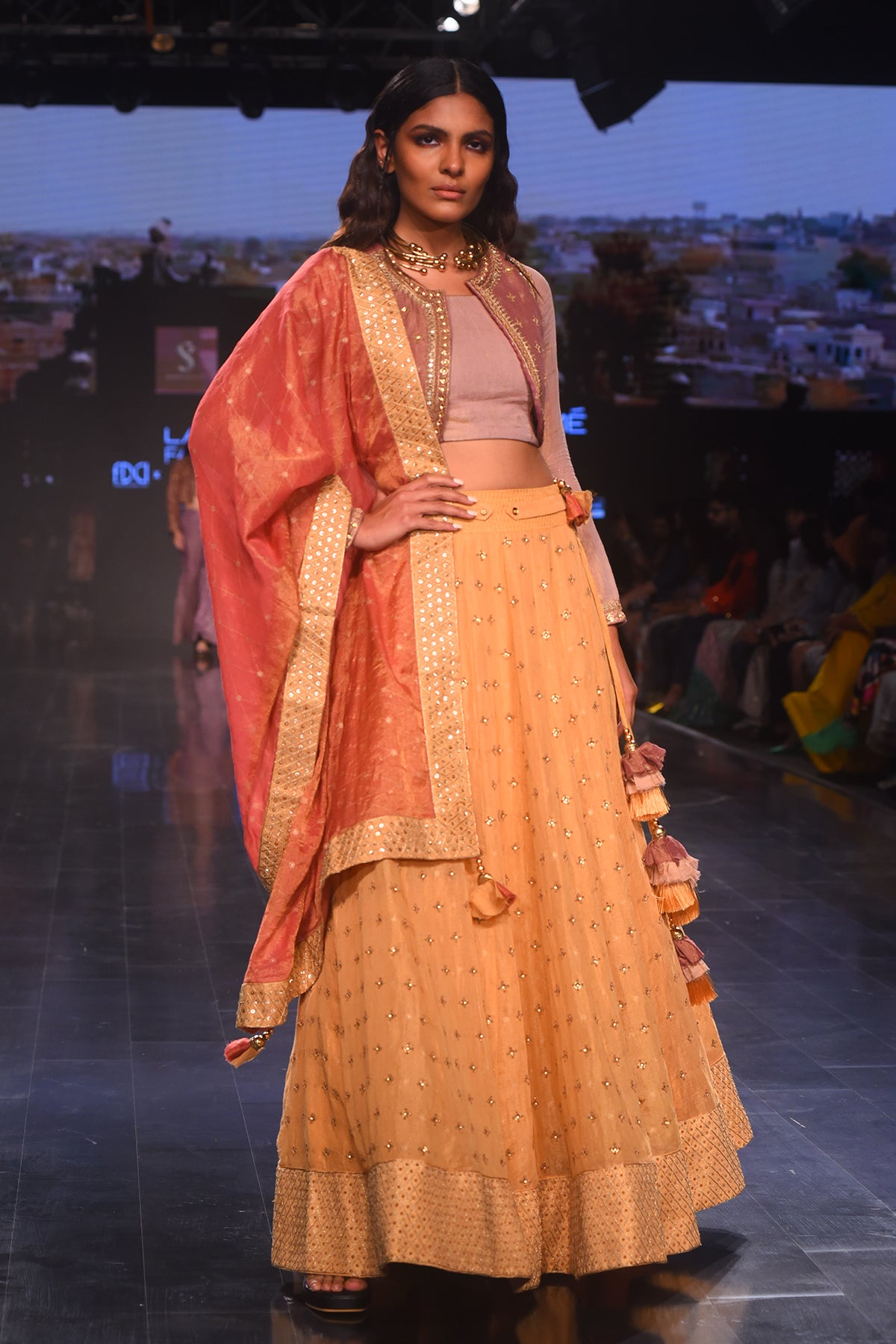 Yellow Danka Tissue Ghagra With Embroidered Koti, Blouse and Rust Embroidered Dupatta