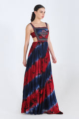 Blue, Red And Charcoal Tie And Dye Georgette Cut Out Maxi With Embroidered Bodice