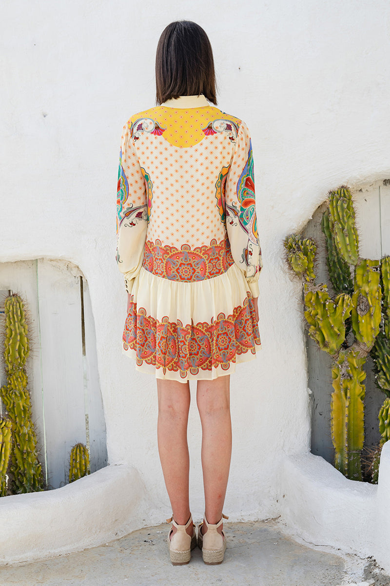 Bone Crepe Placement Printed Front Open Short Dress