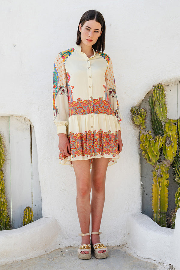 Bone Crepe Placement Printed Front Open Short Dress