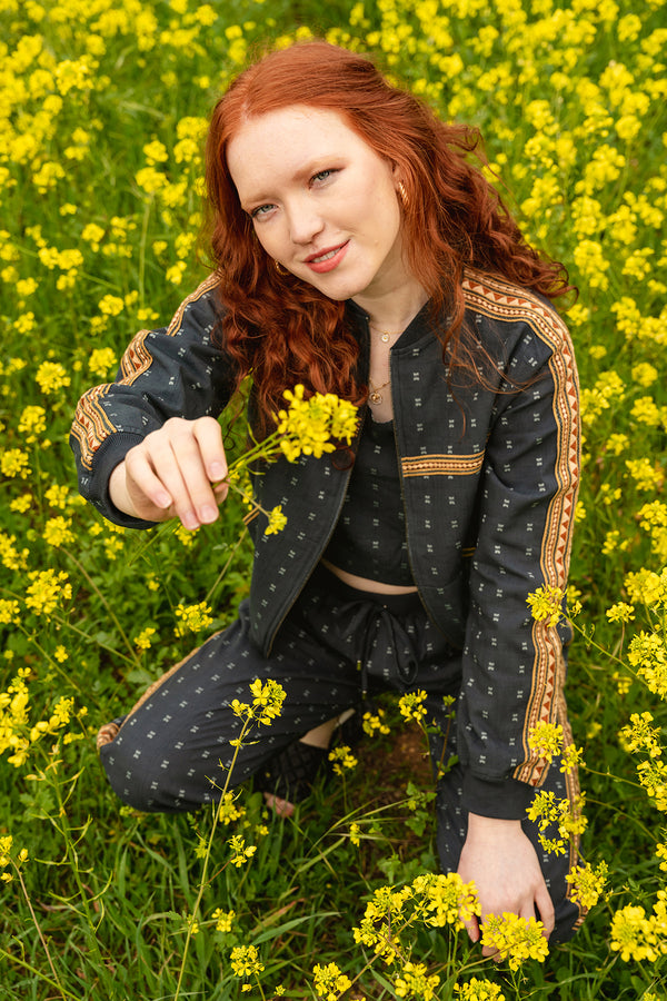 Charcoal cotton dobby tribal embroidered bomber, halter neck top and jogger