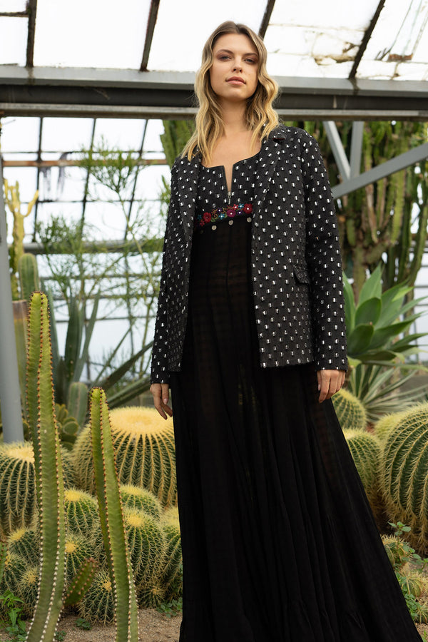 Black Denim Secquence Blazer With Red Chintz Linning
