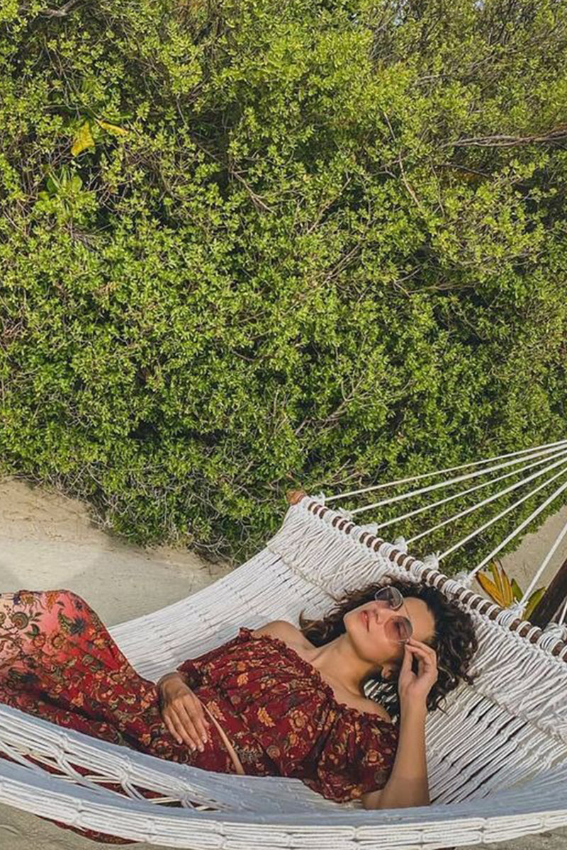 Taapsee Pannu In Red Chintz Ruffle Off-Shoulder Tube Top
