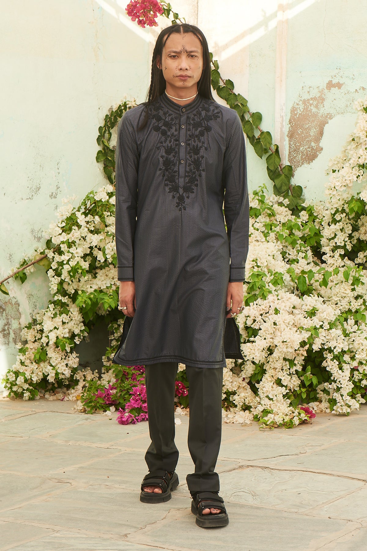 Grey Printed and Embroidered Mens Kurta with Pants