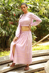 Lilac Linen Crop Top With Midi Skirt