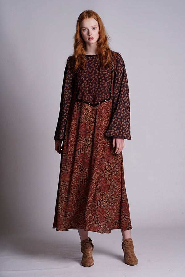 Paisley Digital Printed Midi Dress With Flared Sleeves And Yoke Details