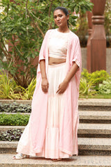 Pink Block Printed Crop Top With Tiered Skirt And Bandhani Throw