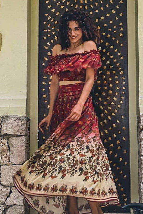 Taapsee Pannu In Red Chintz Pleated Skirt with Quilted Belt