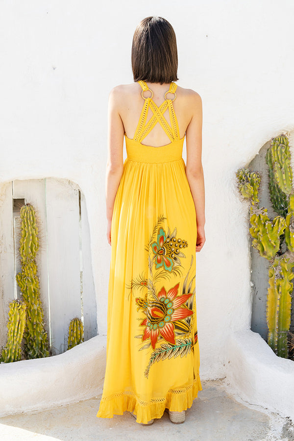 Yellow Chiffon Placement Printed Maxi