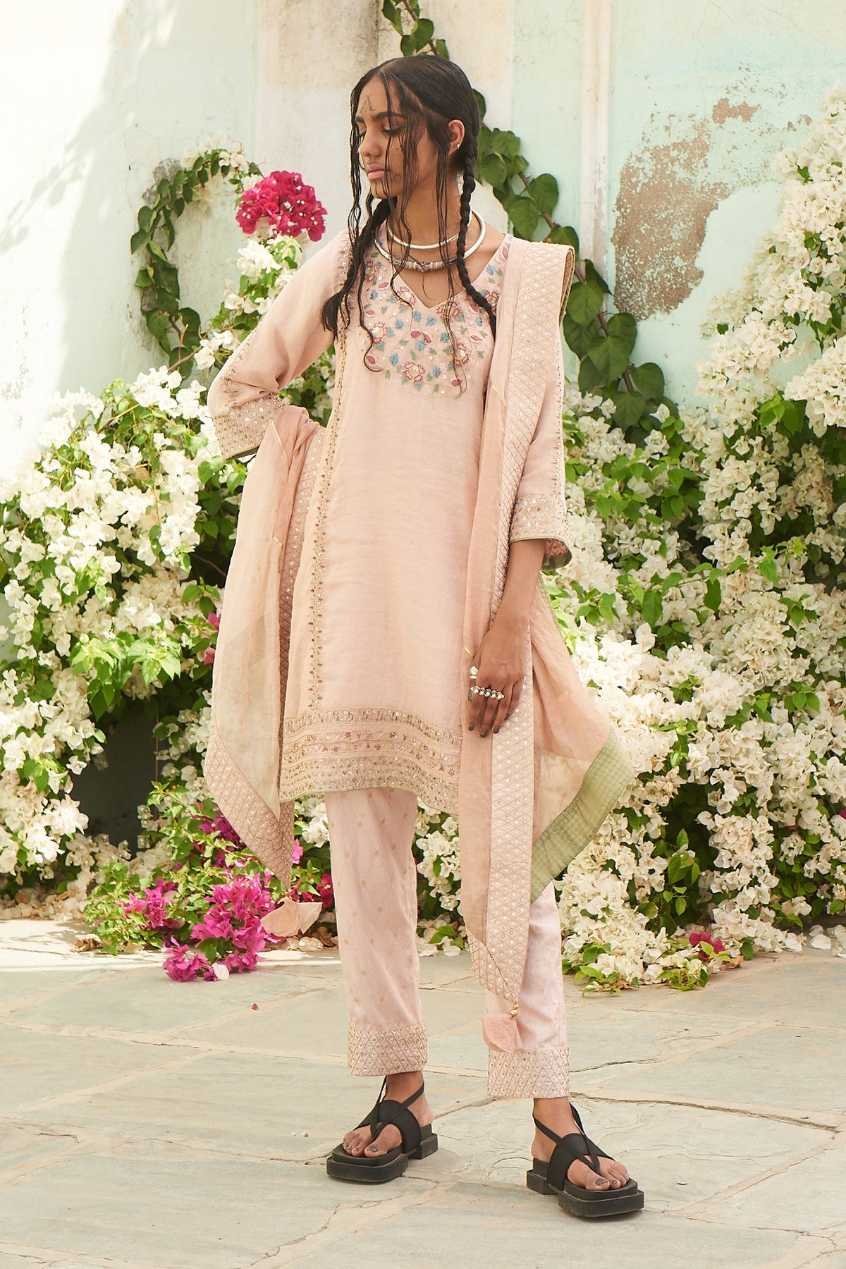 Salmon Kurta with Silk Pants and Dupatta