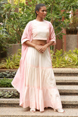 Pink Block Printed Crop Top With Tiered Skirt And Bandhani Throw