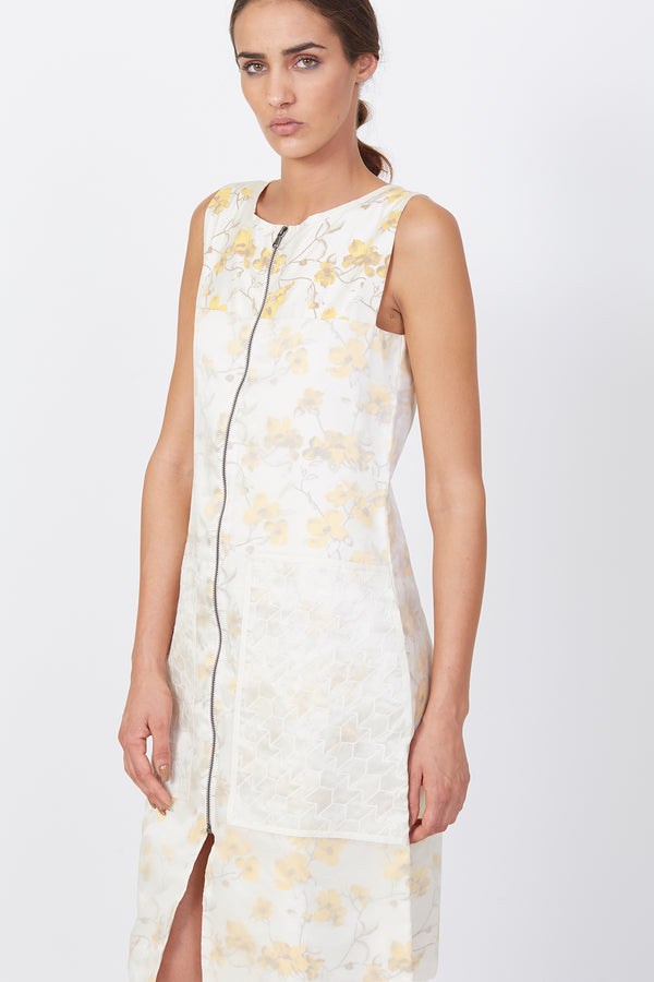 Bone & Yellow Flower Front Zipper Short Dress With Organza Lace