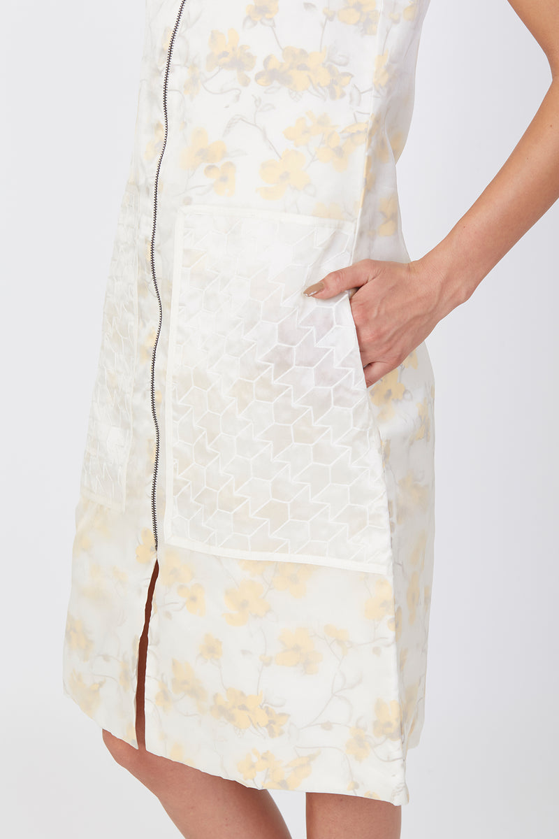 Bone & Yellow Flower Front Zipper Short Dress With Organza Lace