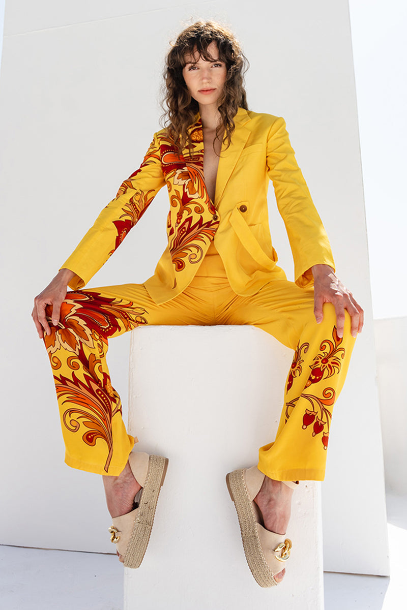 Yellow Crepe Placement Printed Pant Suit