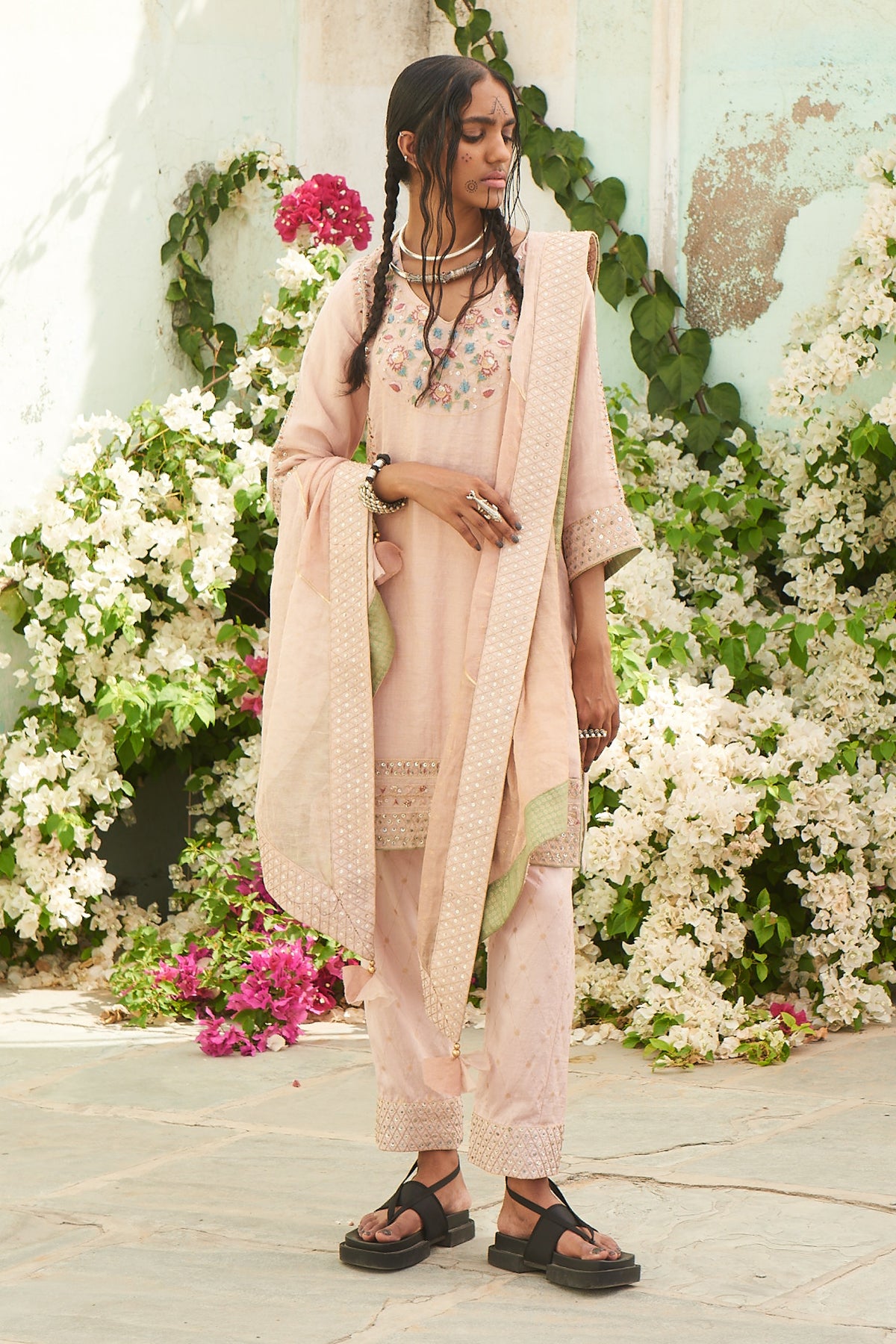 Salmon Kurta with Silk Pants and Dupatta