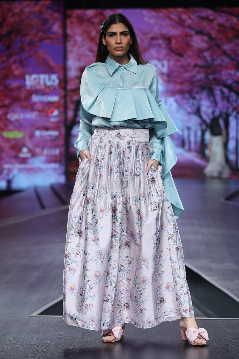 Pink Floral Digital Printed Taffita Pleated Skirt