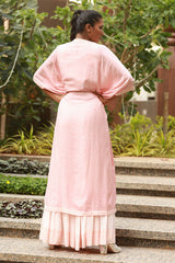Pink Block Printed Crop Top With Tiered Skirt And Bandhani Throw