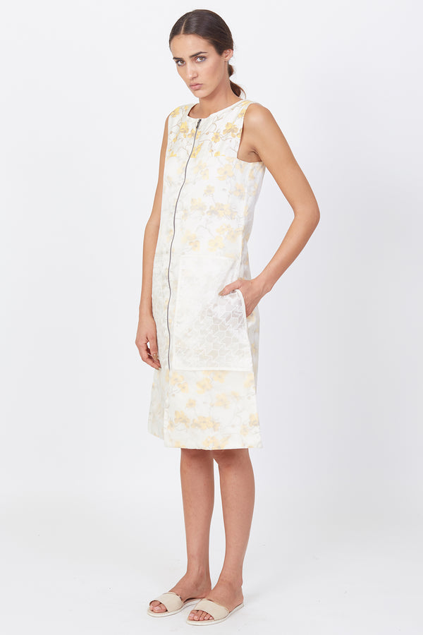 Bone & Yellow Flower Front Zipper Short Dress With Organza Lace