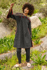 Charcoal block and patola printed linen tunic with anchor with Charcoal line pants