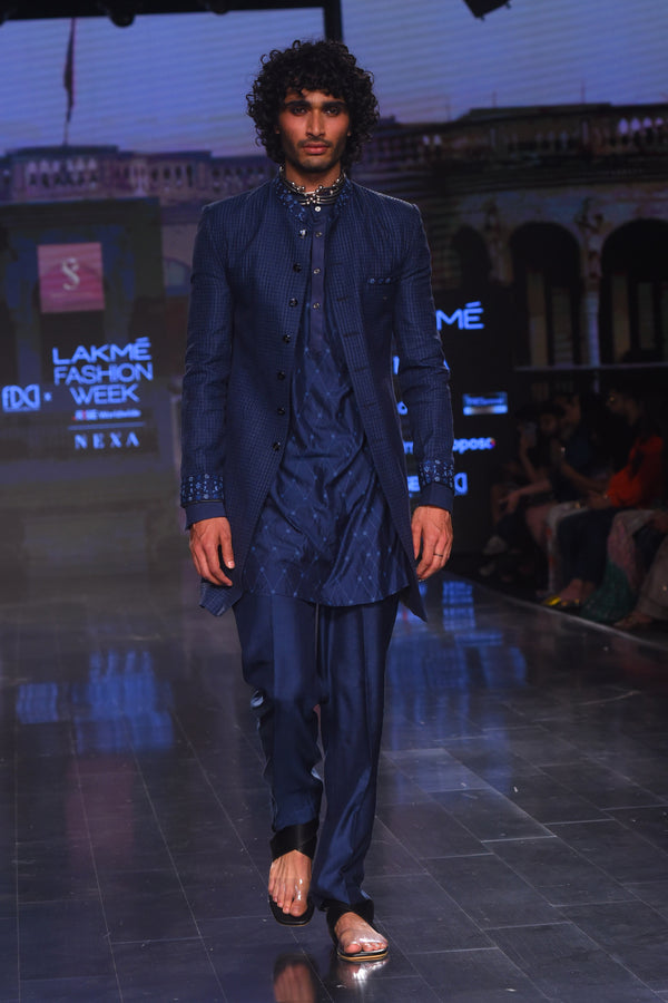 Blue Silk Embroidered Achkan With Maching Kurta and Pants
