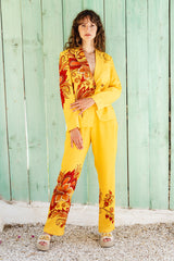 Yellow Crepe Placement Printed Pant Suit