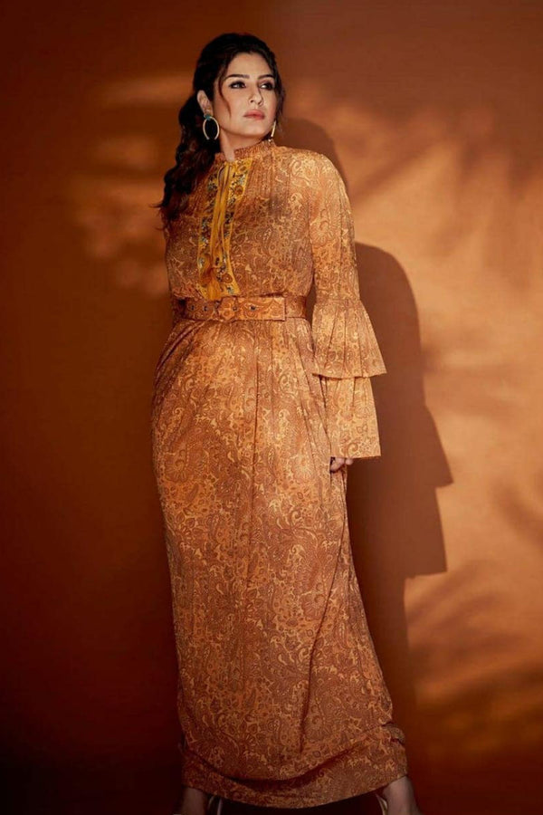 Raveena Tandon In Ochre Paisley Double Tired Dress with Embroidered Placket