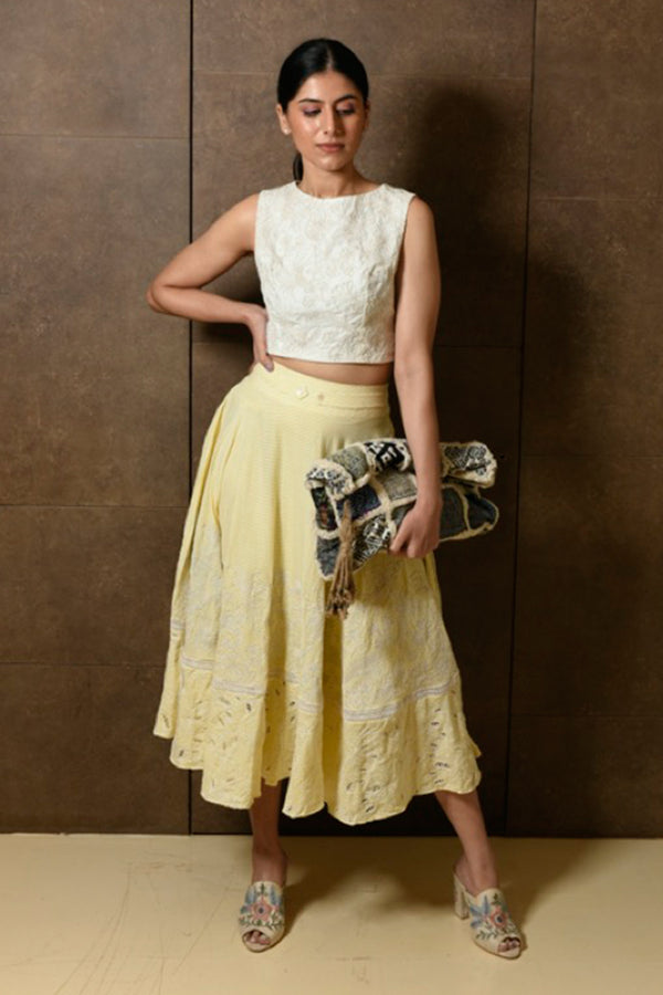 Yellow Striped Cotton Skirt With Co-Ord Embroidery And Schiffli Work