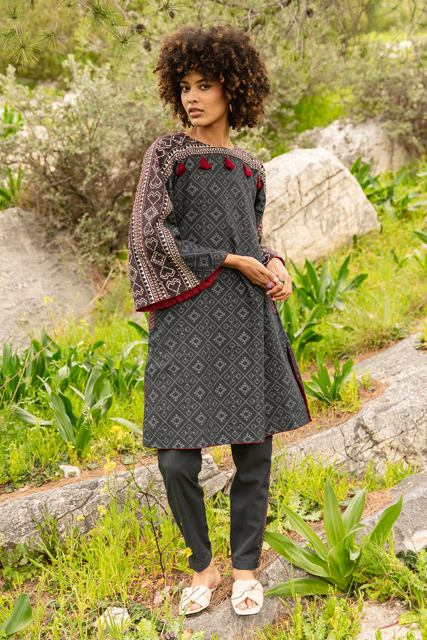 Charcoal block and patola printed linen tunic with anchor with Charcoal line pants