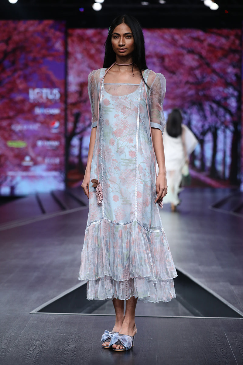 Pigeon Blue Organza Printed Maxi With Knit Printed Slip