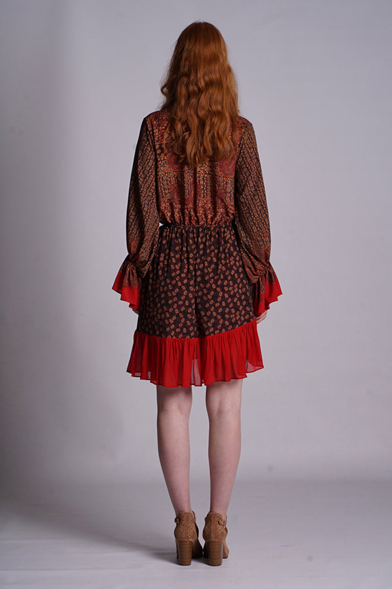 Brown/Red Placement Print Paisley Ruffle Skirt Mini Dress