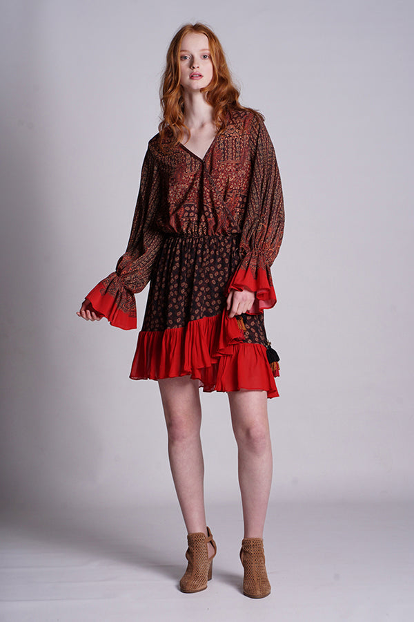 Brown/Red Placement Print Paisley Ruffle Skirt Mini Dress