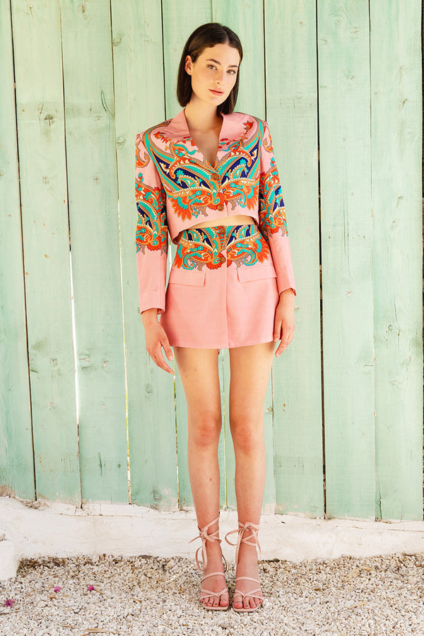 Pink Placement Printed Crepe Crop Jacket With Shorts