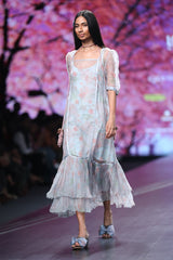 Pigeon Blue Organza Printed Maxi With Knit Printed Slip