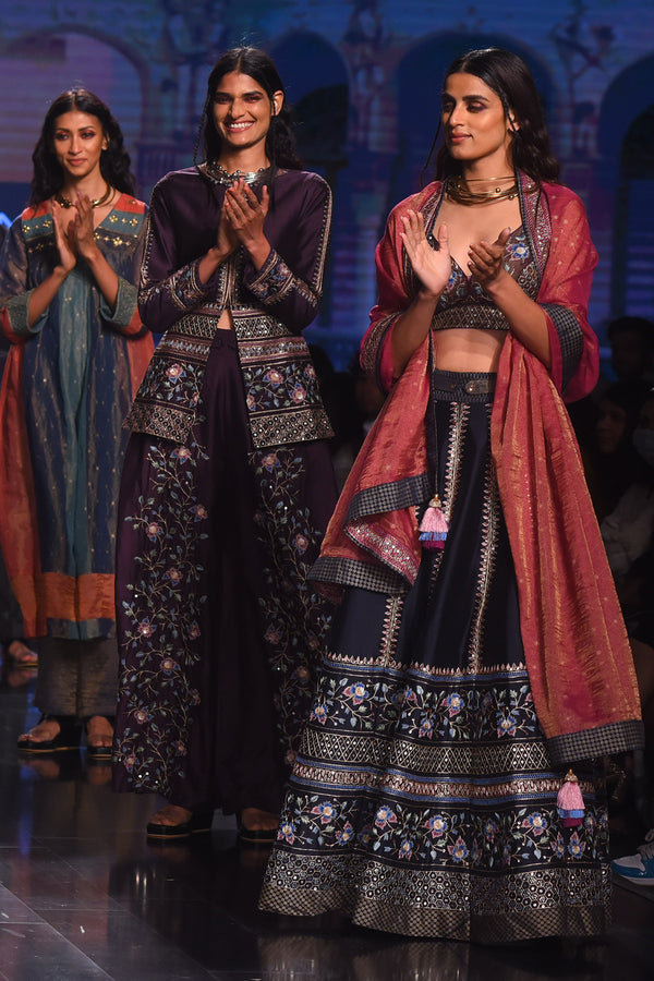 Navy Blue Pita Kalidar Ghagra With Purple Pita Work Blouse and Plum Dupatta