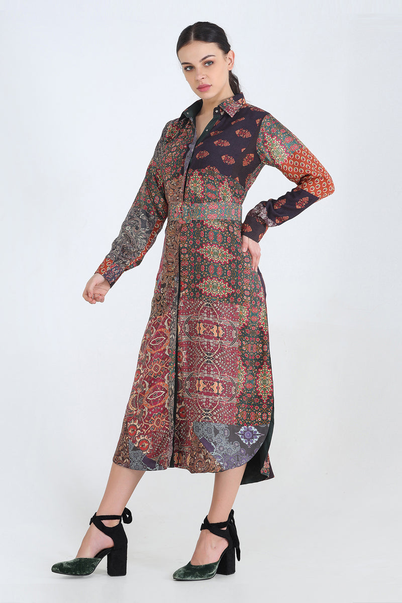 Fabric Spliced Heavy Muslin Front Open Reversible Shirt Dress With Printed Belt