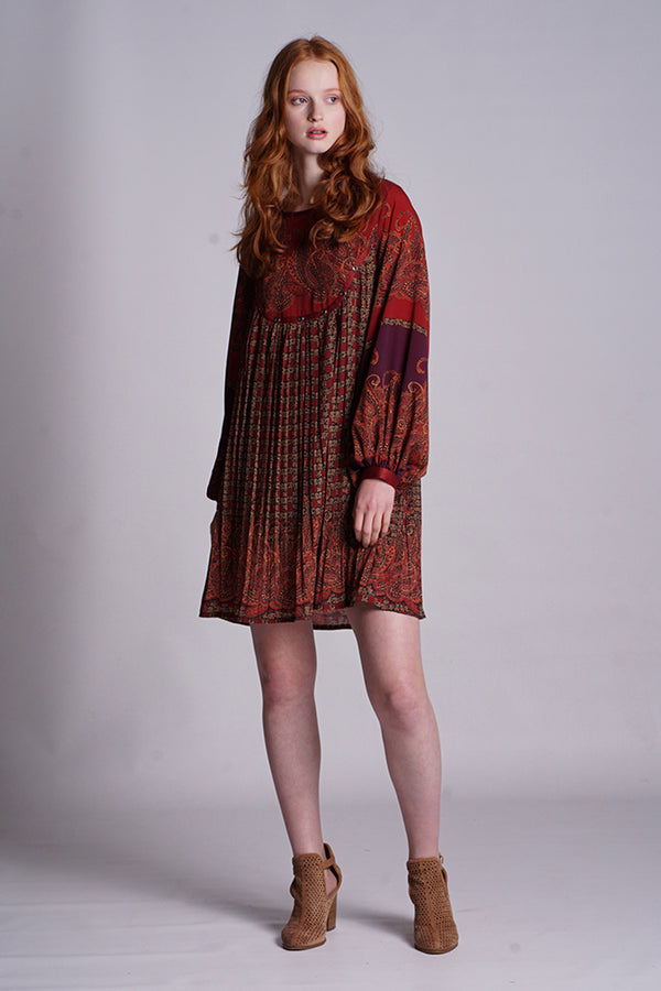 Color Block Paisley Print Placement Checks Mini Dress