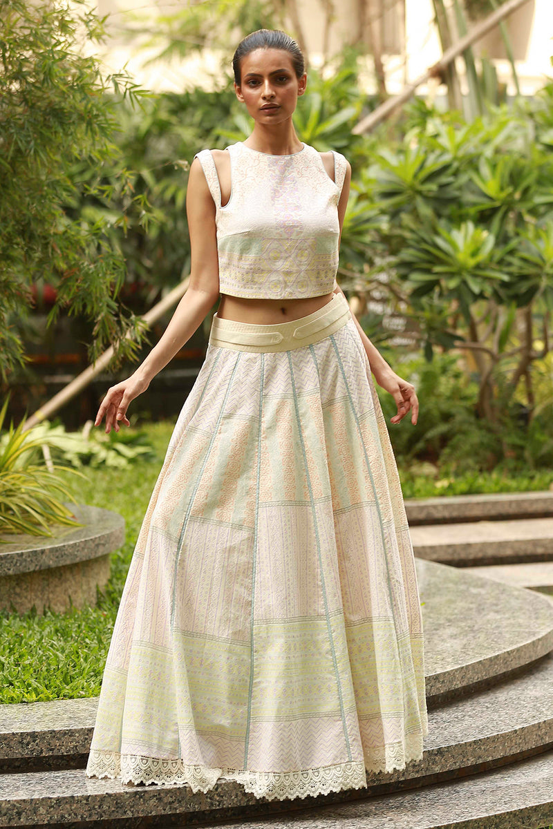 Ecru Linen Crop Top With Maxi Skirt