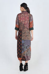 Fabric Spliced Heavy Muslin Front Open Reversible Shirt Dress With Printed Belt