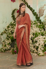 Rust Pita Work Saree with Embroidered Blouse