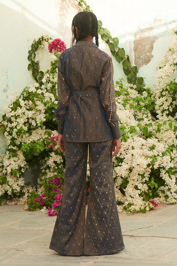 Navy Blue Gold Tissue Danka Embroidered Shacket Pant Suit With Belt