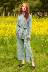 Blue linen embroidered shacket pantsuit with belt