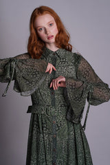 All Over Green Paisley Digital Printed Shirt Dress with Velvet Details 2