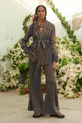 Navy Blue Gold Tissue Danka Embroidered Shacket Pant Suit With Belt