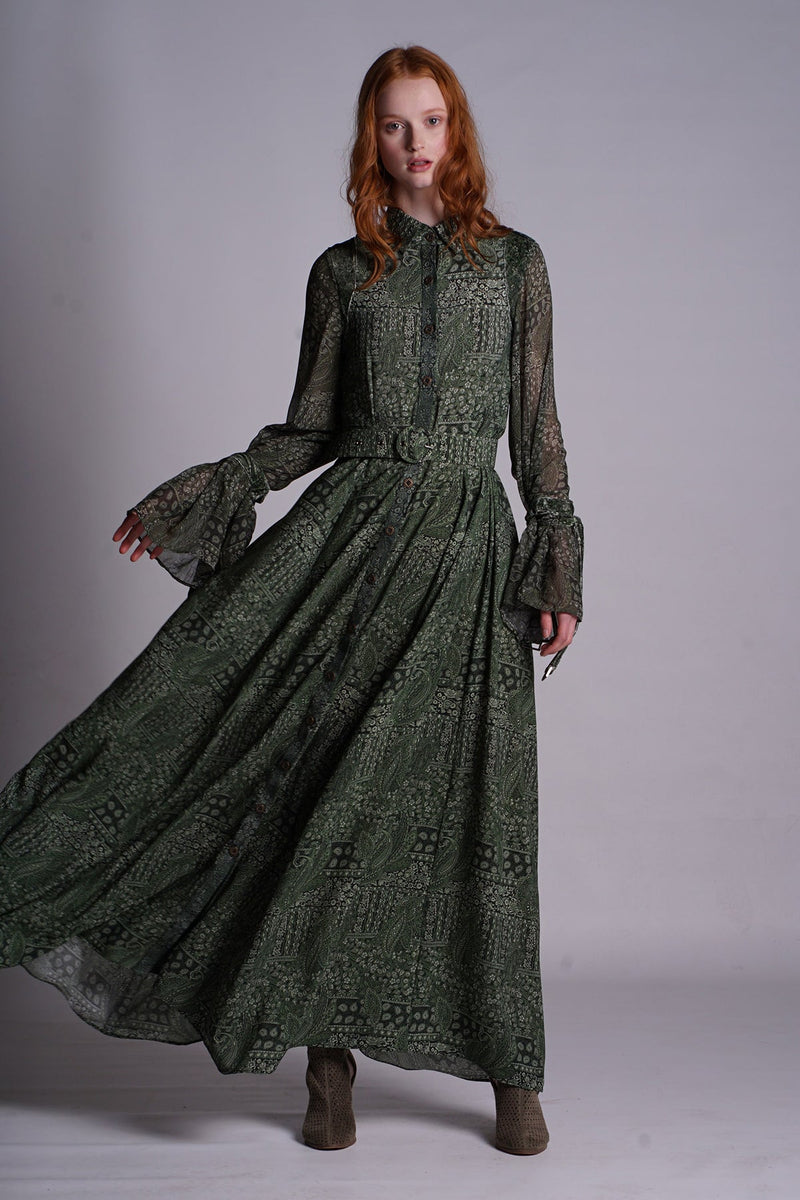 All Over Green Paisley Digital Printed Shirt Dress with Velvet Details 1