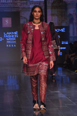Plum Embroidered Jacket With Embroidered Kurta and Brocade Printed Pants