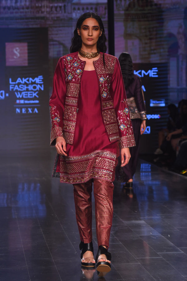 Plum Embroidered Jacket With Embroidered Kurta and Brocade Printed Pants