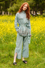 Blue linen embroidered shacket pantsuit with belt